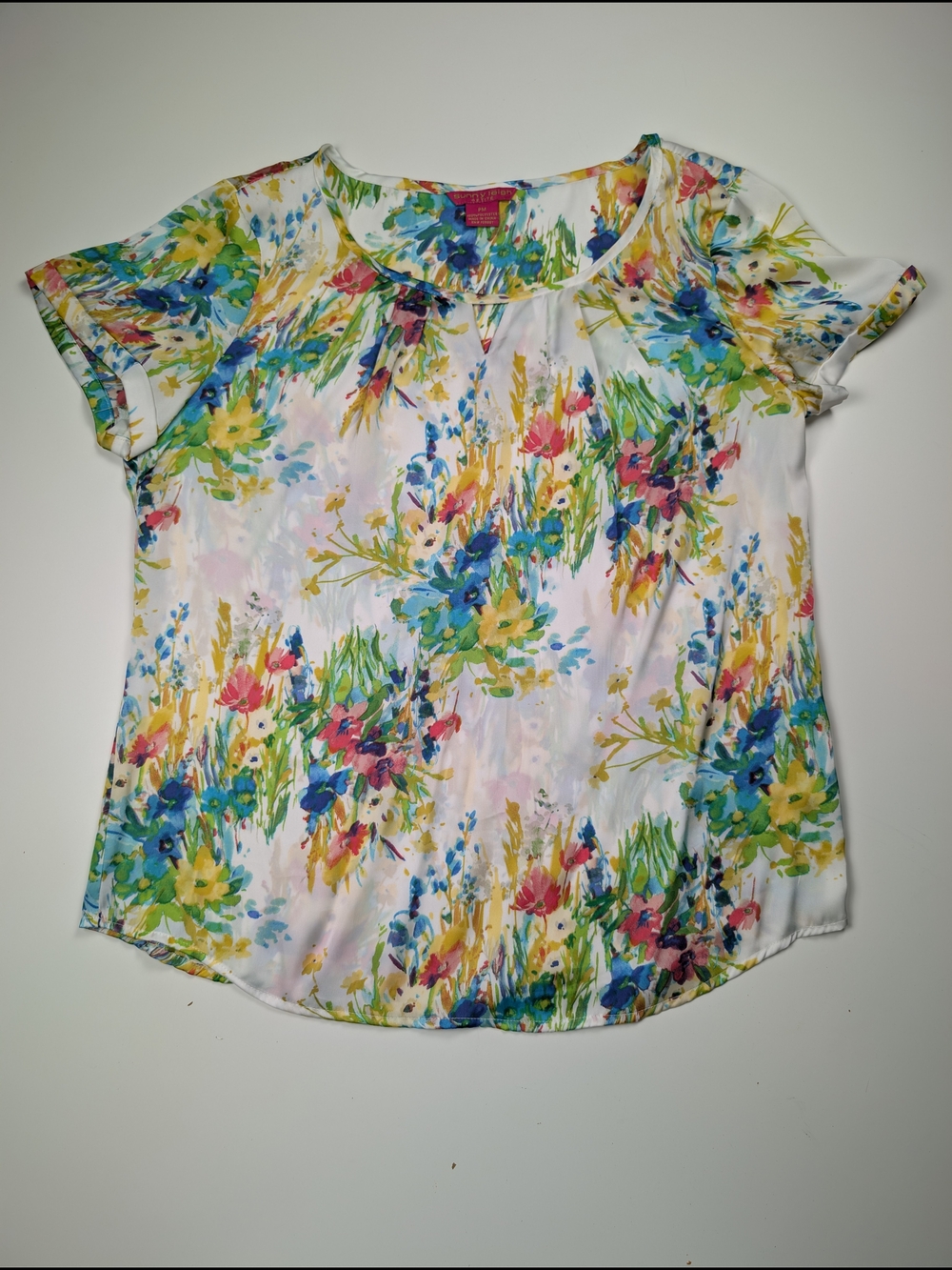Sunny Leigh Petite Medium Watercolor Floral Sheer Short Sleeve Blouse